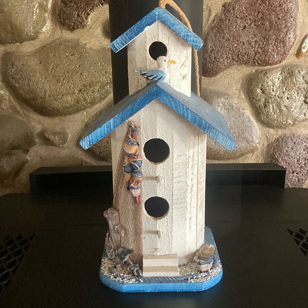 Blue and White Decorative Birdhouse with Seagull Decor